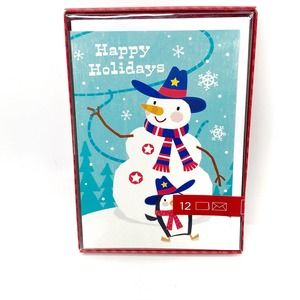Happy Holidays Cowboy Hat Scarf Snowman Penguin Glitter Greeting Card 12 Count